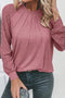 Contrast Lace Raglan Sleeve Plicate Round Neck Top
